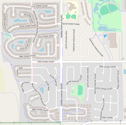 Screenshot of a map. In the upper left quadrant there are a lot of houses, but the rest of the map doesn't have many houses